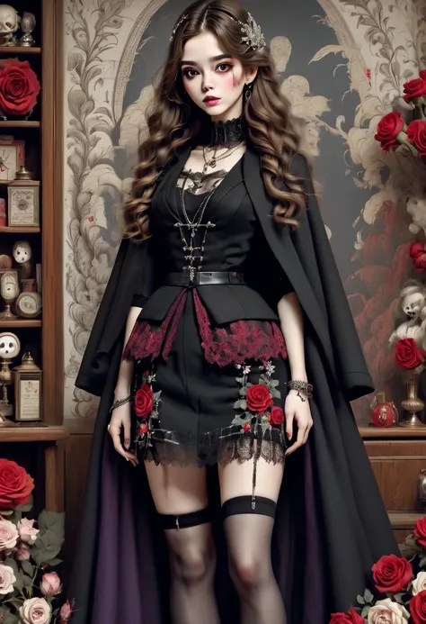 （character design sheet:1.5），Scary dolls，（orderly row:1.2，interval:1.2，no overlap:1.2），Red or dark purple lace、Embroidery and other decorations。She was wearing a long black coat and a tight skirt，Show elegant and mysterious temperament。Wearing a silver cro...