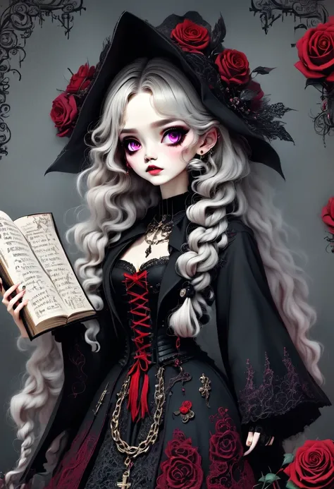 (Gothic character design sheet:1.5)，Scary dolls，Red or dark purple lace、Embroidery and other decorations。She was wearing a long black coat and a tight skirt，Show elegant and mysterious temperament。Wearing a silver cross、chain etc..，old magic book，Romantic ...