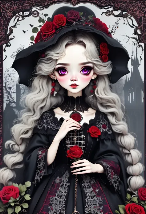 (Gothic character design sheet:1.5)，Scary dolls，Red or dark purple lace、Embroidery and other decorations。She was wearing a long black coat and a tight skirt，Show elegant and mysterious temperament。Wearing a silver cross、chain etc..，old magic book，Romantic ...