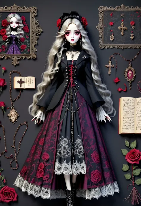 (Gothic character design sheet:1.5)，Scary dolls，Red or dark purple lace、Embroidery and other decorations。She was wearing a long black coat and a tight skirt，Show elegant and mysterious temperament。Wearing a silver cross、chain etc..，old magic book，Romantic ...