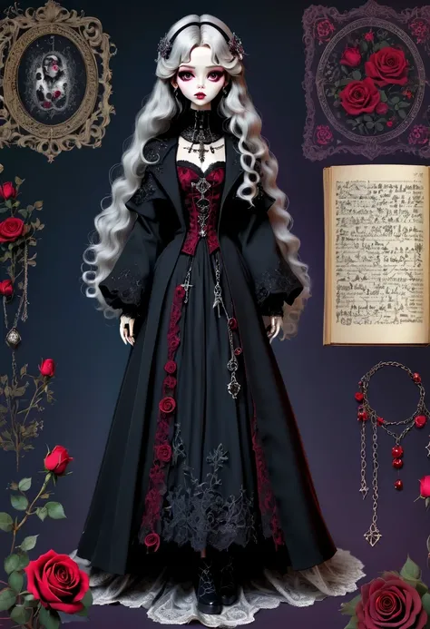 (Gothic character design sheet:1.5)，Scary dolls，Red or dark purple lace、Embroidery and other decorations。She was wearing a long black coat and a tight skirt，Show elegant and mysterious temperament。Wearing a silver cross、chain etc..，old magic book，Romantic ...