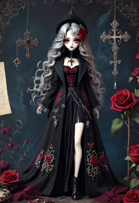 (Gothic character design sheet:1.5)，Scary dolls，Red or dark purple lace、Embroidery and other decorations。She was wearing a long black coat and a tight skirt，Show elegant and mysterious temperament。Wearing a silver cross、chain etc..，old magic book，Romantic ...