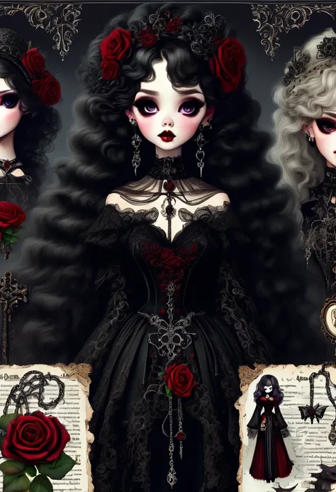 (Gothic character design sheet:1.5)，Scary dolls，Red or dark purple lace、Embroidery and other decorations。She was wearing a long black coat and a tight skirt，Show elegant and mysterious temperament。Wearing a silver cross、chain etc..，old magic book，Romantic ...