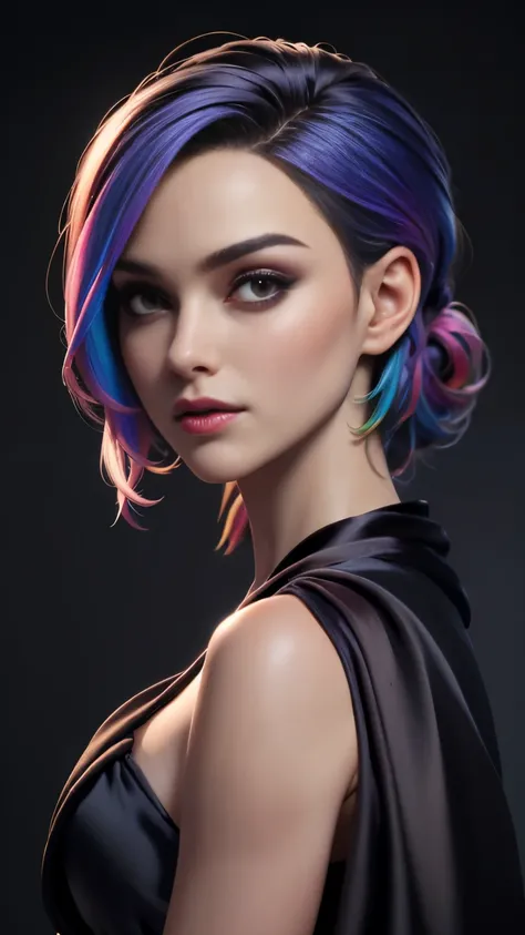 photo of celebrity, RAW, beautiful woman, ((portrait)), ((detailed face, colorful rainbow hair:1.2)), ((detailed facial feature, detailed skin, clear skin, parted lips), (perfect proportioned body, medium breasts, side boob), (wearing black silk robe: 1.5)...