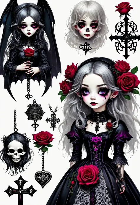 (Gothic character design sheet:1.5)，English text，Magic book，Romantic roses，silver cross、chain，Lightning magic,Scary dolls