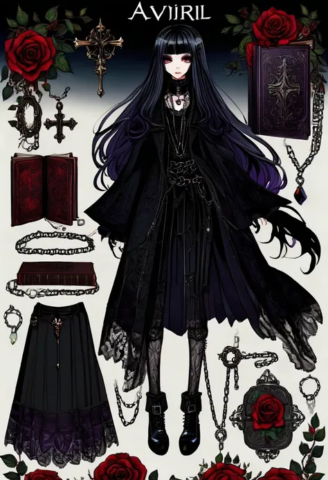 Gothic character design sheet，Character name:Avril Lavigne.dark night，18 years old，long black hair，purple eyes，Red or dark purple lace、Embroidery and other decorations。She was wearing a long black coat and a tight skirt，Show elegant and mysterious temperam...