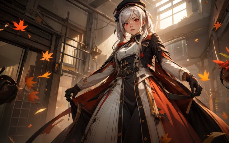 silver hair, twintail, bow, red eyes, 1girl, breasts, hat, gloves, autumn leafs, dress, solo, black_headwear, looking_at_viewer, medium_breasts, black_gloves, red_dress, torn_clothes,  standing, red_eyes, cloak, dutch_angle, from_below, indoors, holding, r...