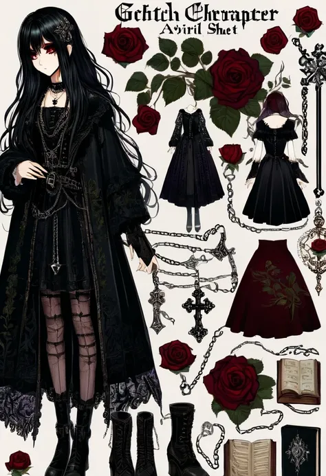 gothic character design sheet，character name:avril lavigne.dark night，18 years old，long black hair，purple eyes，red or dark purpl...