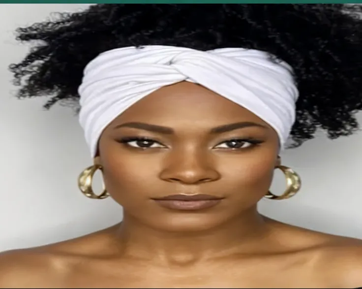 a woman with a white turban and gold hoop earrings, cloth head wrap, photo of a black woman, portrait of ororo munroe, taken in the early 2020s, wearing a head scarf, wearing a turban, head scarf, dark-skinned, mami wata, justina blakeney, dark skinned, da...