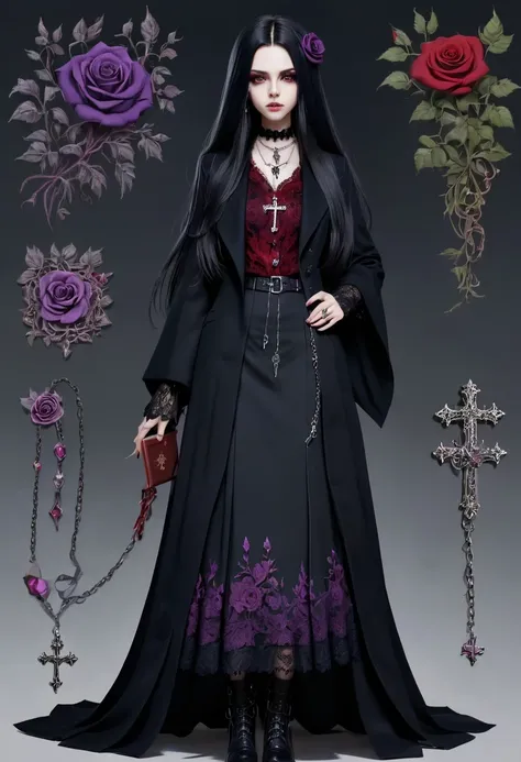 Gothic character design sheet，Character name:Avril Lavigne.dark night，18 years old，long black hair，purple eyes，Red or dark purple lace、Embroidery and other decorations。She was wearing a long black coat and a tight skirt，Show elegant and mysterious temperam...