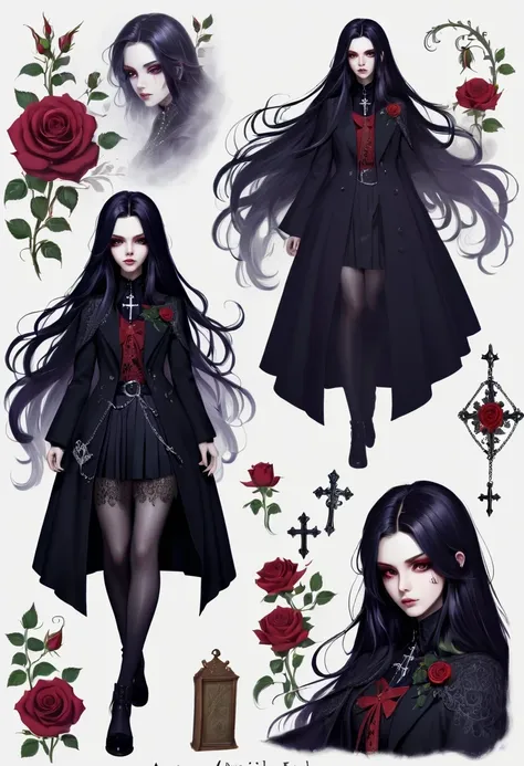 gothic character design sheet，character name:avril lavigne.dark night，18 years old，long black hair，purple eyes，red or dark purpl...