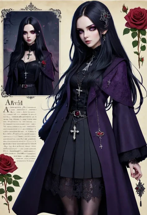 Gothic character design sheet，Character name:Avril Lavigne.dark night，18 years old，long black hair，purple eyes，Red or dark purple lace、Embroidery and other decorations。She was wearing a long black coat and a tight skirt，Show elegant and mysterious temperam...