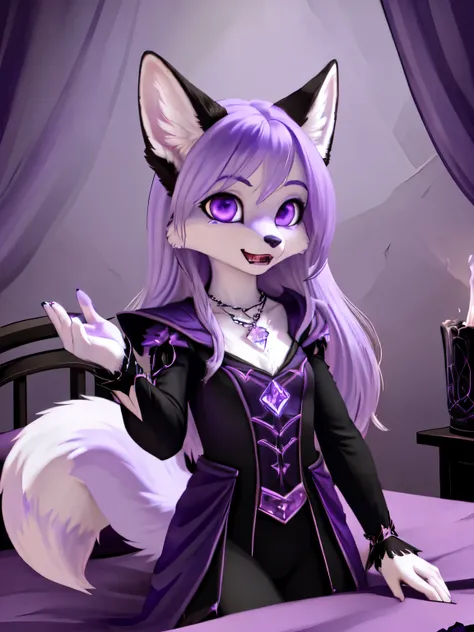  (a young slender white female fox furry), white fur, black fur on ears, huge fluffy lilac fox tail, furry, slender, lilac long hair, hollowing violet eyes, violet octaheadron shaped crystal on necklace, on bed, dark and scary expressions, fangs, warlock, ...