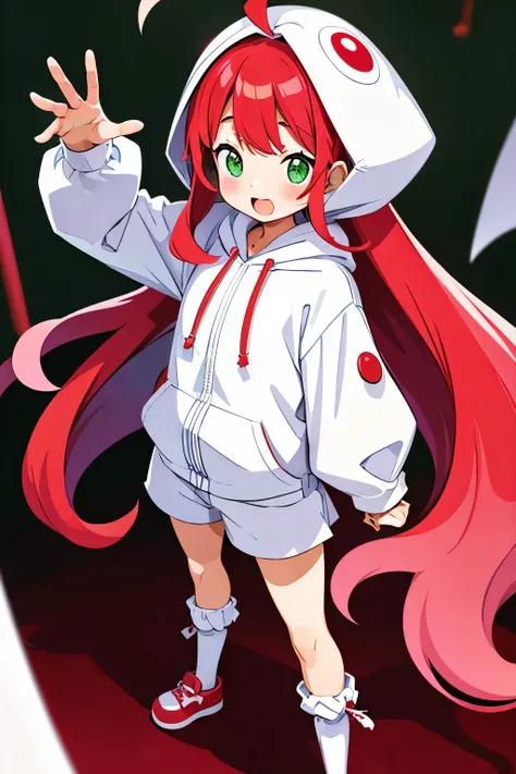  young baby face squishy cheeks shy slanted eyes slightly open mouth red cheeks squishy bangs long flowing hair thin ahoge light red hair yellow-green eyes white pupils slightly white skin innerwear shorts baggy hoodie leather shoes knee socks shoulder bag...