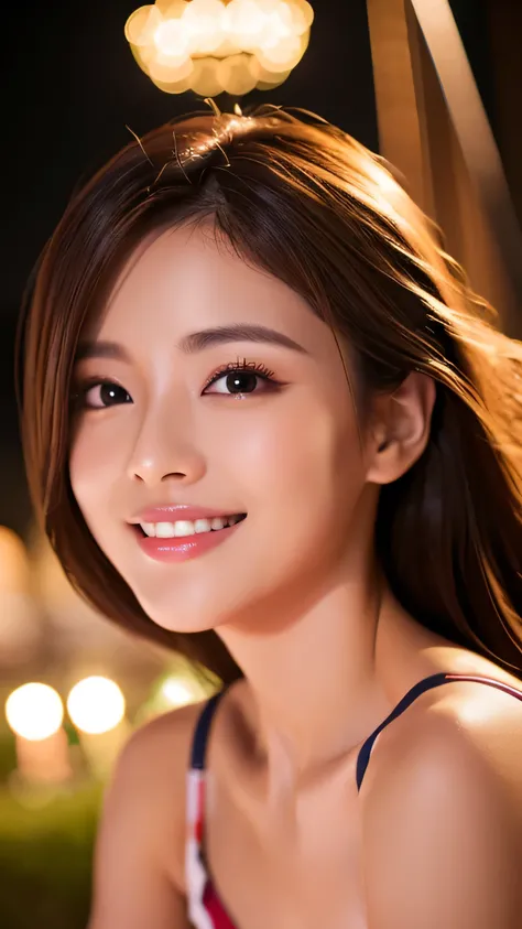 highest resolution、30 year old female、Japanese、sexy、double eyelid、4k、slender body shape、realistic teeth、whole body、high resolution、feminine、minute eyes、beautiful feet、fantastic atmosphere、night view、illumination、Beauty、beautiful face、