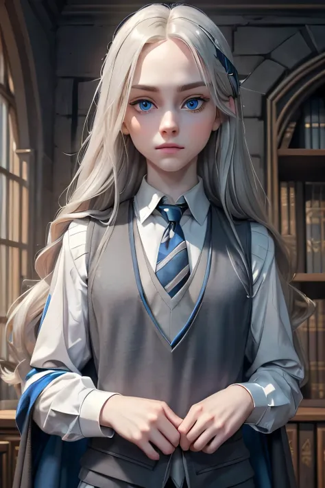 ((Masterpiece)) ((Perfect Face)) ((Beautiful)) ((Blonde)) ((Long Hair)) ((Pale Skin)) ((Inside Hogwarts)) ((Black Robes)) ((Grey Sweater vest)) ((blue and silver striped tie)) ((Ravenclaw)) ((Small Breasts)) ((Blue Eyes))