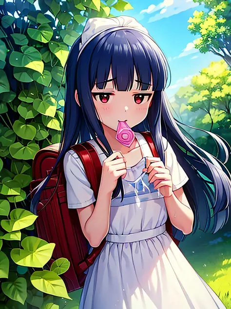 , yukimi, 10., long hair, dull bangs, flat chest, No expression, shy, whole body, highest quality, wearing burmese navy, short sleeve (White gym uniform with colored hems:1.3), carry (randoseru backpack:1.4), naked足, at the park,(Put a semen-filled condom ...
