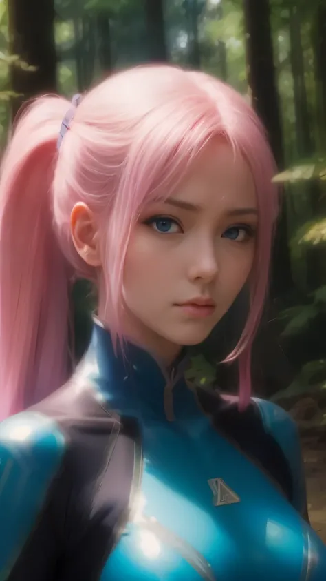 Translucent zerosui, Velvet good, Zero Suit, contrast, divine rays, Blue eyes, pink hair, forest background, absolute intensity,