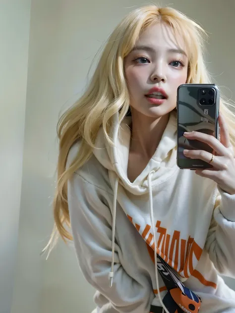 blonde woman com cabelo comprido taking a selfie in a mirror, com cabelos longos brancos, Ulzzang, com longos cabelos brancos, com longos cabelos loiros, parque roseanne de blackpink, fotografia selfie 8k, Kim Doyoung, Retrato de Jossi do Blackpink, com ca...