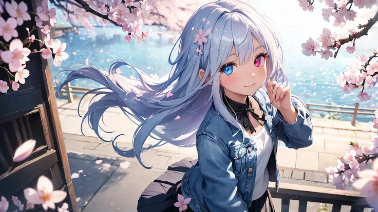 Best quality、photorealistic、super detail、delicate、orderly、high detail、bluish silver hair、(droopy iris of heterochromia,glowing eyes:1.4)、、10 years old、big smile、slender、blurred background、(1 girl:1.2)、(spring、cherry blossom petals dancing in the wind、girl ...