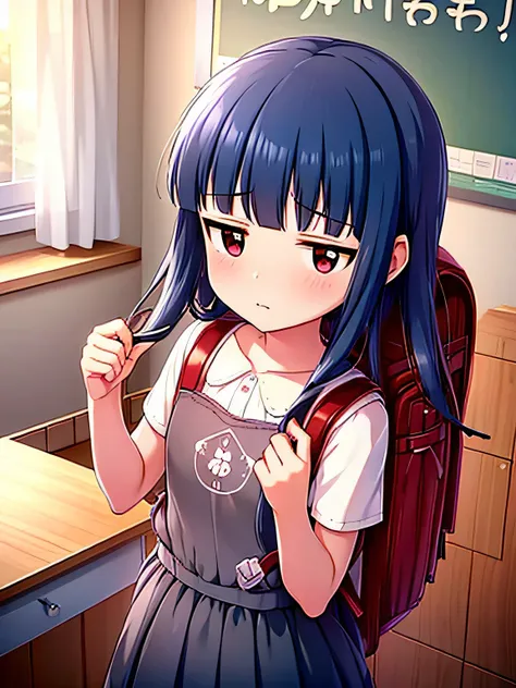 , yukimi, 10., long hair, dull bangs, flat chest, No expression, shy, whole body, highest quality, carry (randoseru backpack:1.4), school classroom、squat on the desk
