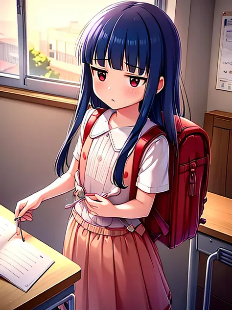 , yukimi, 10., long hair, dull bangs, flat chest, No expression, shy, whole body, highest quality, carry (randoseru backpack:1.4), school classroom、Masturbation in the corner of the desk