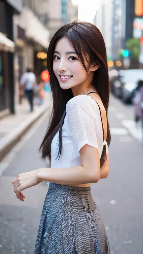 highest resolution、30 year old female、Japanese、sexy、double eyelid、4k、slender body shape、realistic teeth、whole body、high resolution、feminine、minute eyes、beautiful feet、in the city