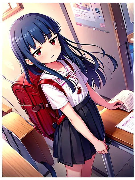 , yukimi, 10., long hair, dull bangs, flat chest, No expression, shy, whole body, highest quality, carry (randoseru backpack:1.4), school classroom、Stick your crotch to the corner of the desk