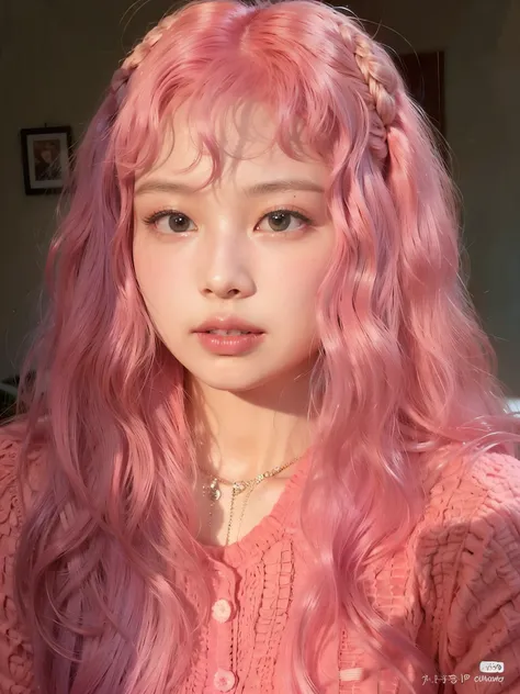 a close up of a person com cabelo rosa and a pink shirt, cabelo rosa cacheado, com cabelo rosa, Flowing pink hair, cabelo rosado e ralo, long Flowing pink hair, bubblegum hair, cabelo longo de chiclete, pastel rosa, maquiagem pastel, long hair with pastel ...