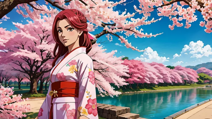 melhor qualidade, garota de anime, vestida em kimono, ambiente ocidental, Sakuras