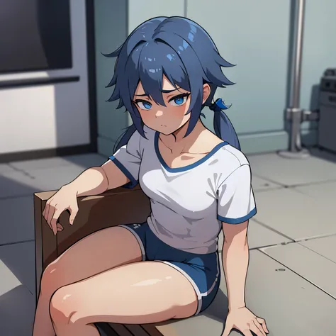 calidad superior, Obra maestra, Ultra high resolution, of a femboy boy of very short stature blue hair with pigtails and blue eyes and he wears a white shirt with very tight shorts very feminine and curvy body big thighs he is sitting on the floor 