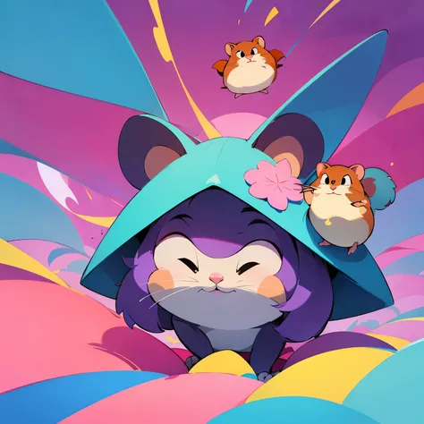 create a kwai cartoon style illustration of a hamster and the background needs to be shades of purple, pink and blue