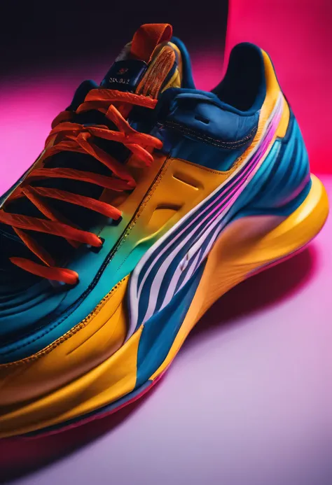 futuristic sneakers in vibrant colors with stripes, fundo branco, high resolution photography, profundidade de campo rasa, soft studio lighting