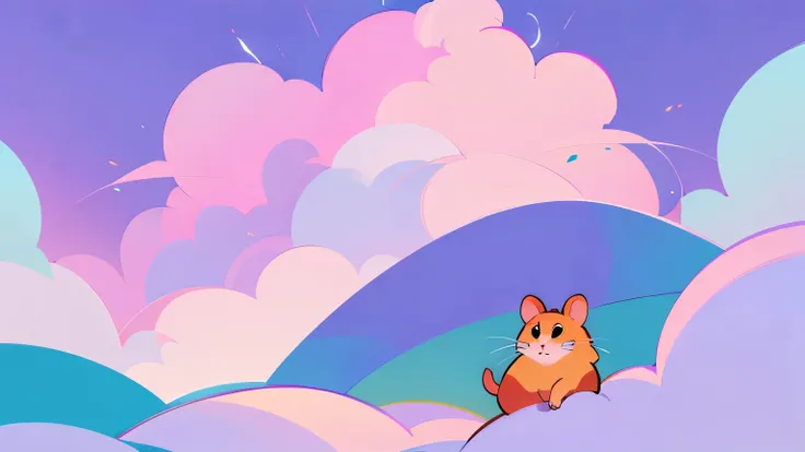 create a kwai cartoon style illustration of a hamster and the background needs to be in shades of purple, pink and blue with bright clouds