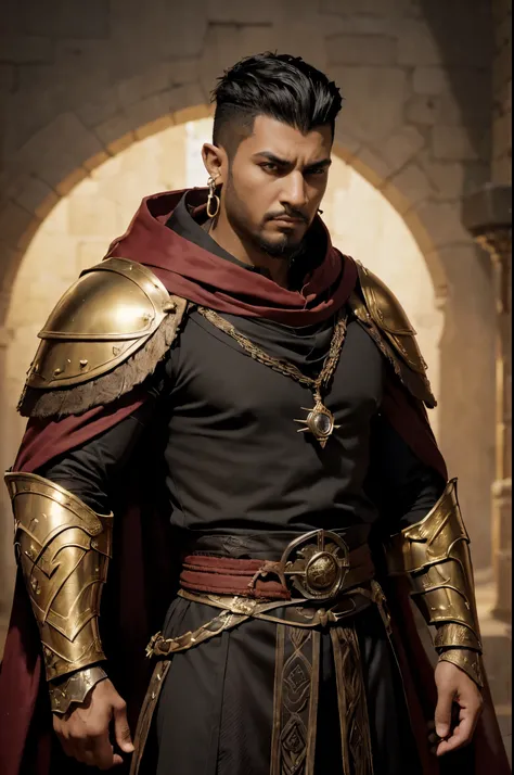 medieval, realistic, 50 years man, arabic traits, ebony skin, king, (black hair, very short hair, undercut, shaved hair on the sides, golden crown), earrings, (brown eyes, thick eyebrows, big nose, angry, goatee), (red armor, cloak), rpg character, lord of...