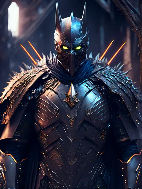 breathtaking cinematic science fiction photo of a portrait of a blackedout Dark knight, metal skin, body full of spikes and glowing metrics inside, glowing multicoloured eyes, multifaceted eyes, metallic arms, inside a destroyed building, extremely menacin...