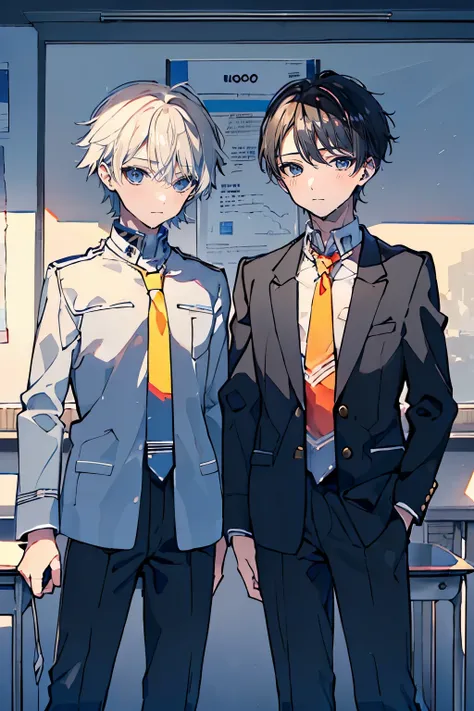 (muste piece), (best quality), very detailed, (((Two friendly high school boys:1.5))), perfect face, beautiful face, very detailed face，(black haired man:1.3)，(white haired man:1.3)，School，classroom，student uniform，tie，shirt