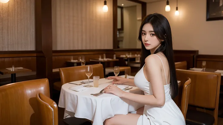 Creating a 20 year old girl, in a white evening dress, dark hair, in a restaurant