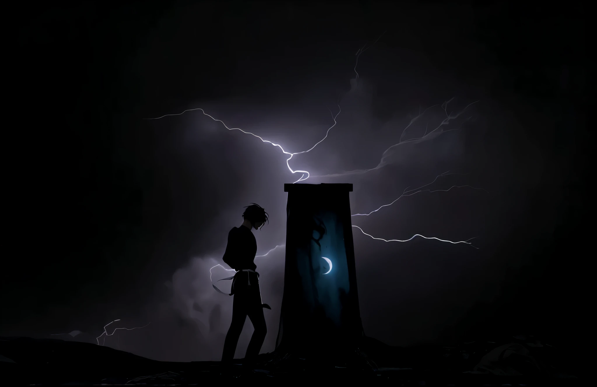 high resolution，Super detailed，best quality。1Boy，solo,Black tunic，boys，black belt，anime characters，Handsome，Hold a long sword，long hair，tied up hair，dark night，huge moon，coastal，cliff，Side figure，look back，Super high contrast，Realistic shadows，lightning，da...