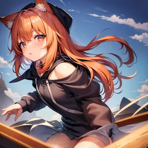 1girl, animal ear fluff, cat ears, bangs, blue jacket, blue sky, cat ears, cloud, cloudy sky, day, extra ears, hood, hood down, hooded jacket, jacket, looking at viewer, orange eyes, orange hair, outdoors, parted lips, portrait, short hair, sky, solo, uppe...