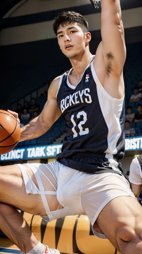 Boy playing basketball on basketball court，sweat leggs，Photos during exercise，Basketball costumeasculine，Exquisite facial features，virile，musculature，rich facial detail（（The crotch is raised））closeup cleavage