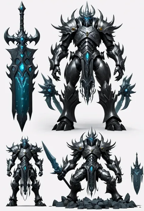 (character design sheet:1.5)，demonic battlefield，mechanical lich king，the lich king&#39;s future weapons，mechanical structure，hi...