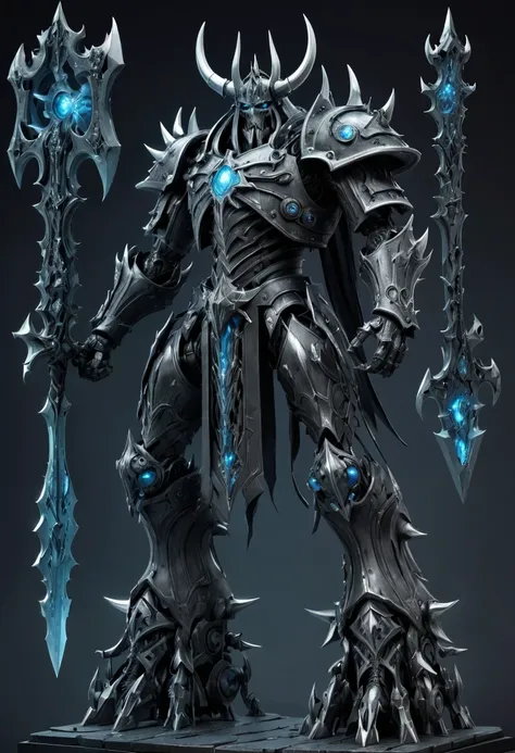 (character design sheet:1.5)，demonic battlefield，mechanical lich king，the lich king&#39;s future weapons，mechanical structure，hi...