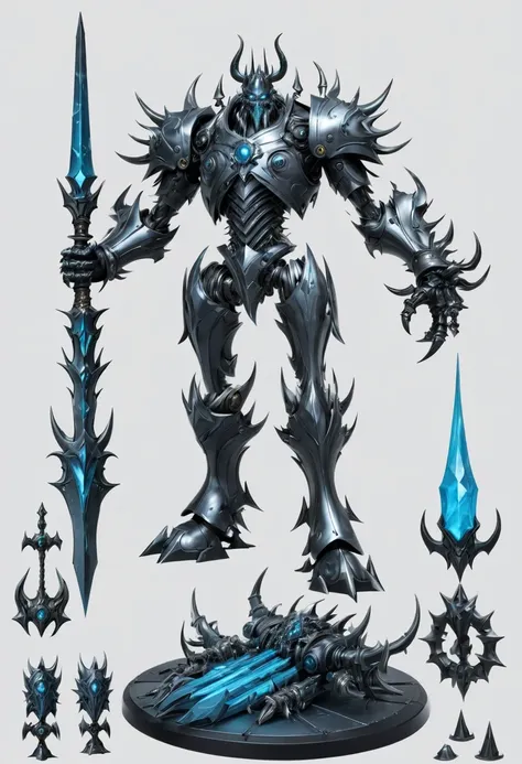 (character design sheet:1.5)，demonic battlefield，mechanical lich king，the lich king&#39;s future weapons，mechanical structure，hi...