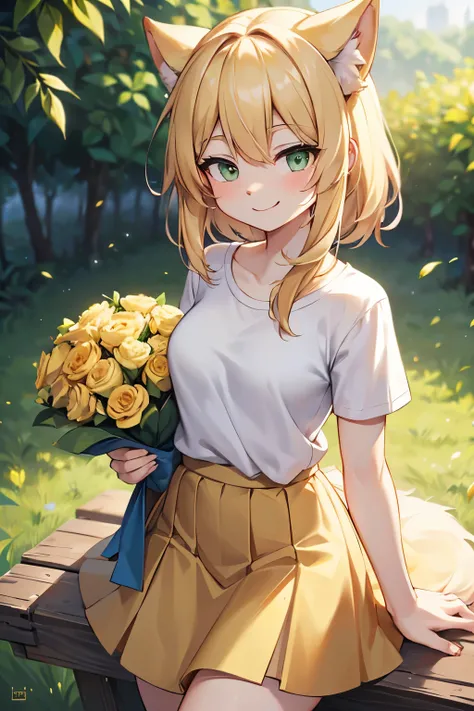 1 girl, (anthro furry:1.2), (two-tone fur, light yellow fur, light blonde hair, smiling, Gray-green eyes, wearing a long yellow skirt, White T-shirt, holding a bouquet in his handasterpiece:1.2),, ultra high resolution, 8K, high quality, (sharp focus:1.2),...