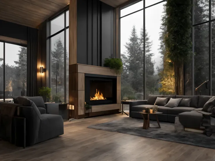 arafed living room with a fireplace and a couch and chairs, cozy contemporary living room, cozy environment, natural realistic r...