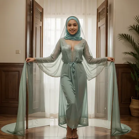 (Best quality, high resolution, masterpiece: 1.3), beautiful Javanese Lady in hijab, slim figure, detailed facial and skin texture, detailed over bigger tits,  detailed eyes, double eyelids, green eyes, long legs, HDR, 8k resolution, nice fingers, brown sk...