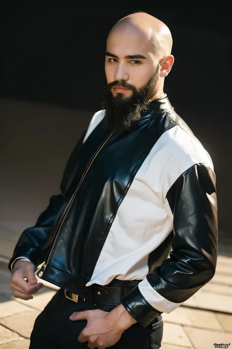 Best Quality,Masterpiece,Ultra High Resolution,(Realisticity:1.4),Original Photo,Cinematic Lighting,
1boy,upper body, bald male full beard wearing leather jacket and white t-shirt underneath 