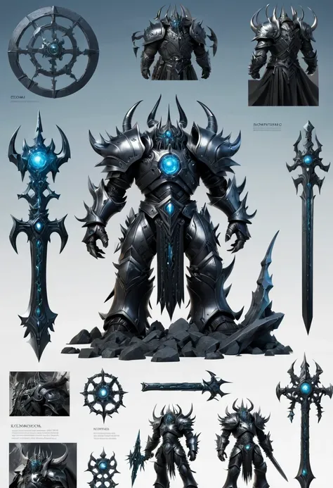 (character design sheet:1.5)，Demonic battlefield，Mechanical Lich King，The Lich King&#39;s future weapons，Mechanical structure，High-tech equipment，magical creatures，three sided view, figure, Reference table, gothic art, ultra high definition, retina, master...