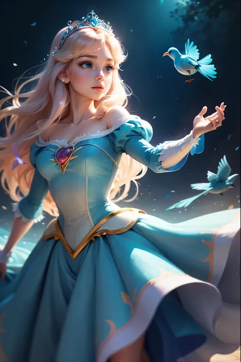 Disney-Pixar style cartoon illustration featuring Princess Aurora in a flowing blue dress, bird landing gently on your outstretched hands, fundo vazio azul claro